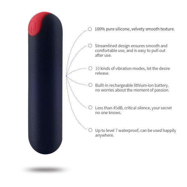 Body-Safe silicone, waterproof Billie bullet vibrator, 100% silicone, lithium-ion battery, usb rechargeable, level 7 waterproof, 10 settings, less than 45dB