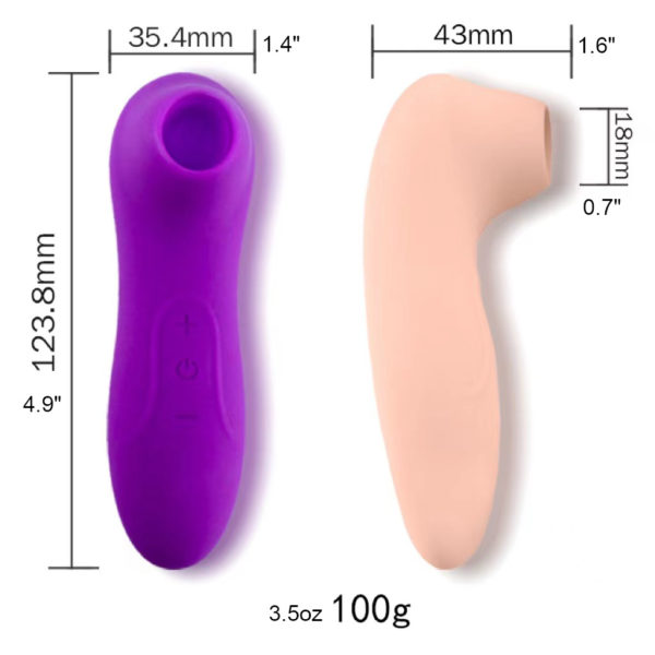 Dimensions for Sybil, body-safe silicone oral-sex suction vibrator with an ergonomic handle, waterproof, USB rechargeable. Great for clitoral stimulation.