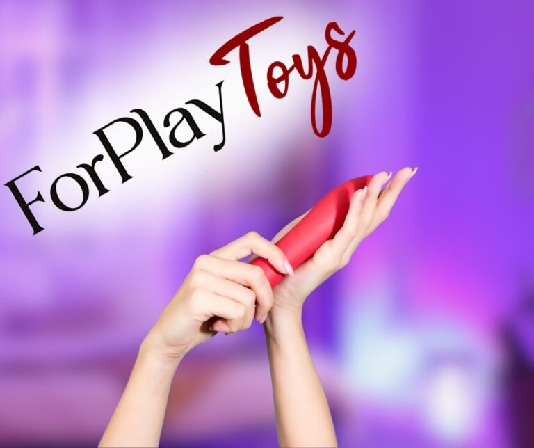 the ForPlay ToyStore logo above a pair of feminine hands holding a pink vibrator, against a blurry purple background of a bedroom.